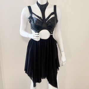 Dolls Kill Darker Wavs Black Vegan Leather Cutout Mini Dress w Handkerchef Hem